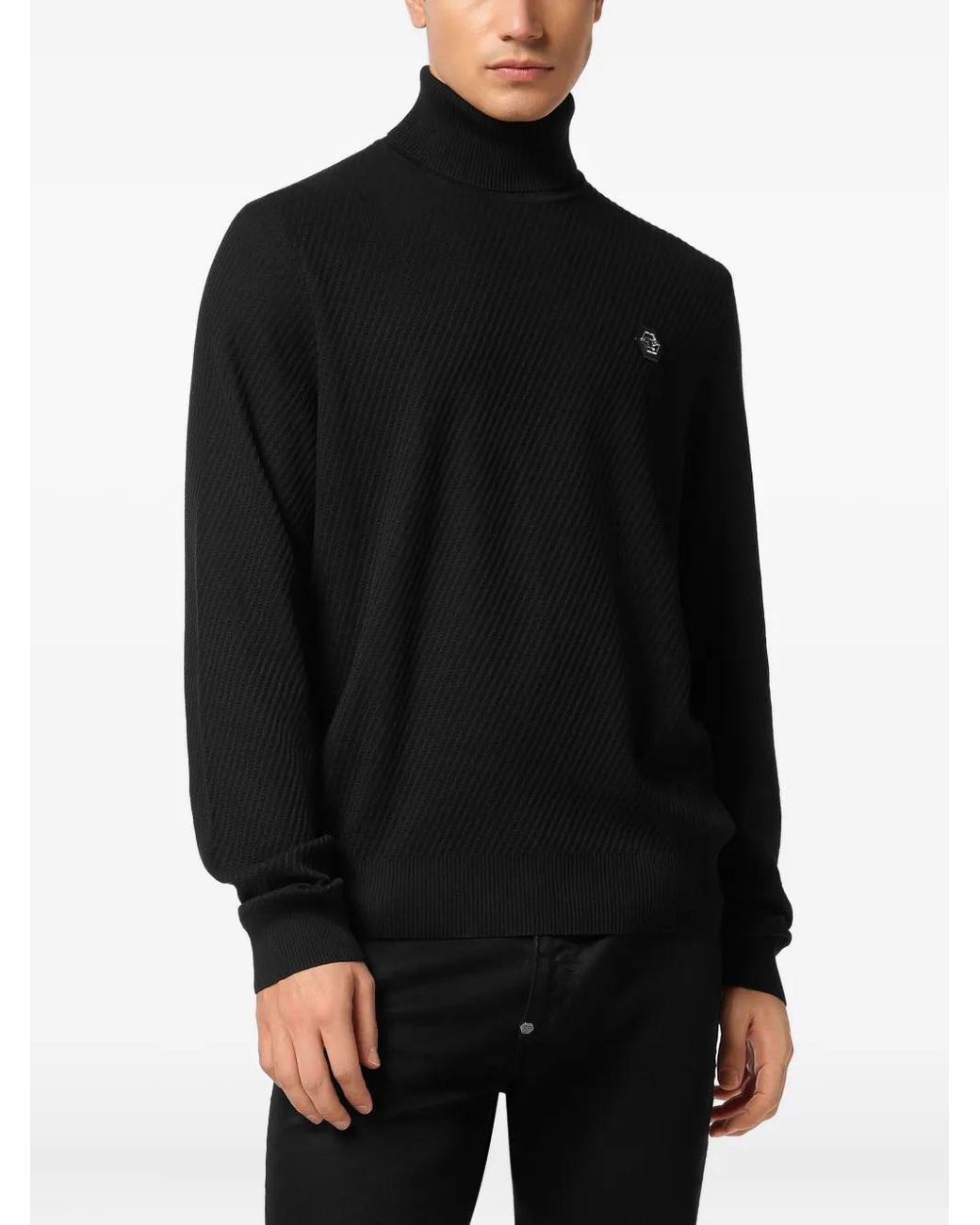 Philipp Plein Black Ribbed Turtle-Neck Sweater for men