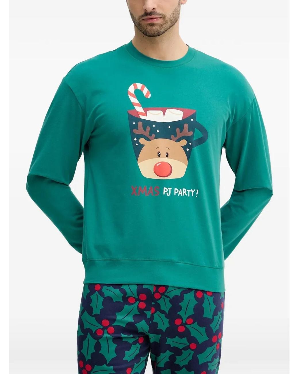 Benetton Blue Reindeer Graphic Christmas Pajamas for men