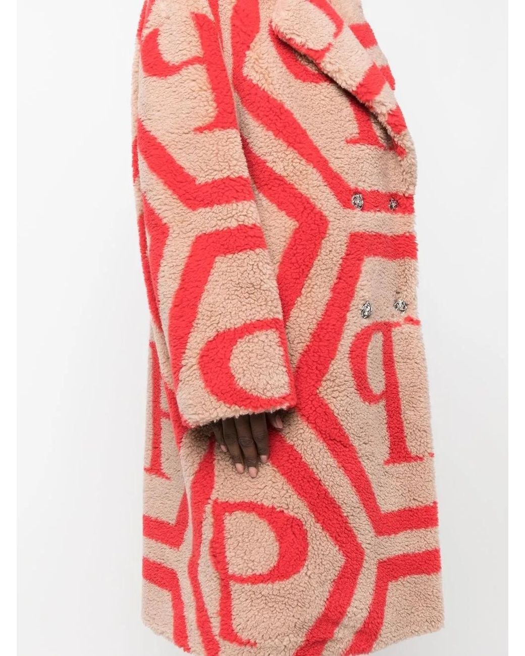Philipp Plein Red Monogram-Print Faux Fur Coat
