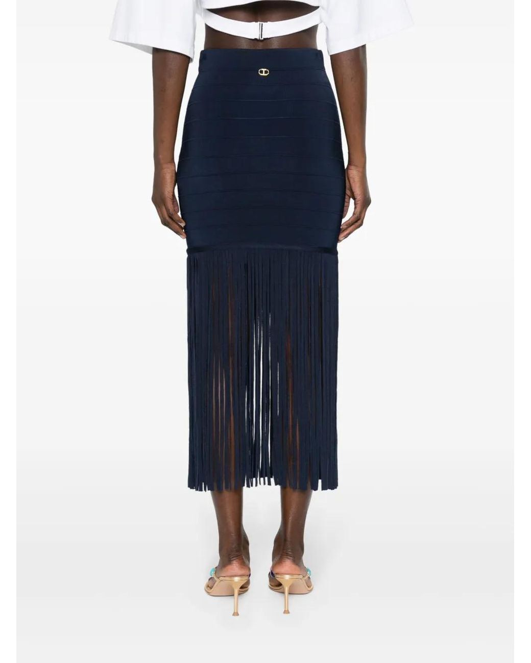 Twinset Blue High-Waist Fringed Maxi Skirt
