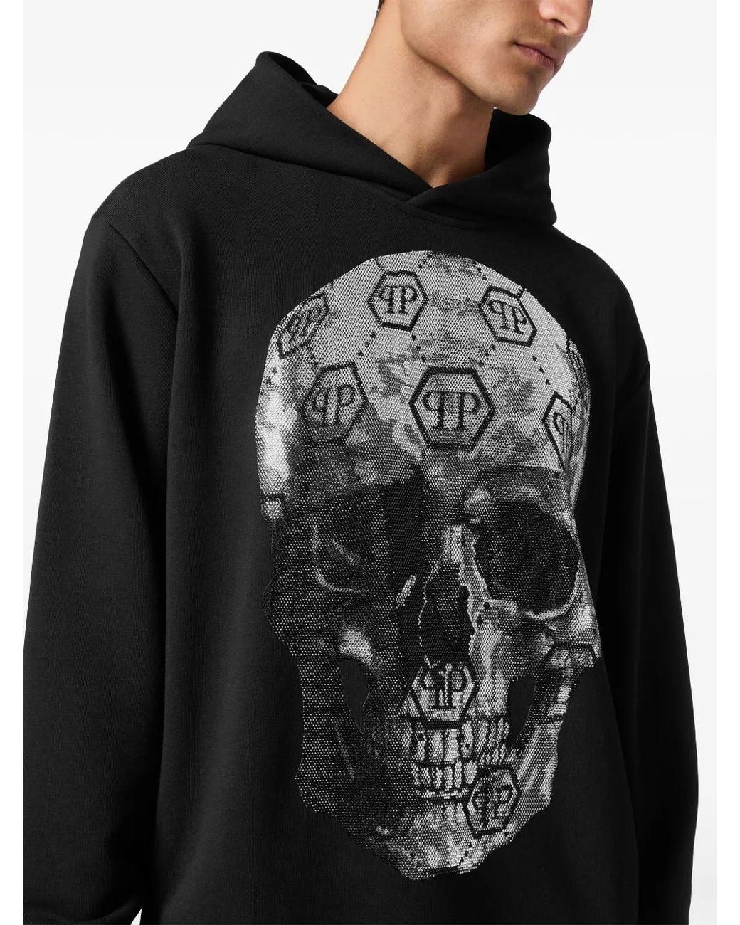 Philipp Plein Black Rhinestone-Embellished Skull Hoodie for men
