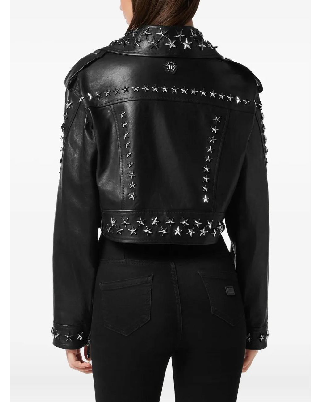 Philipp Plein Black Leather Biker Jacket Star Studs