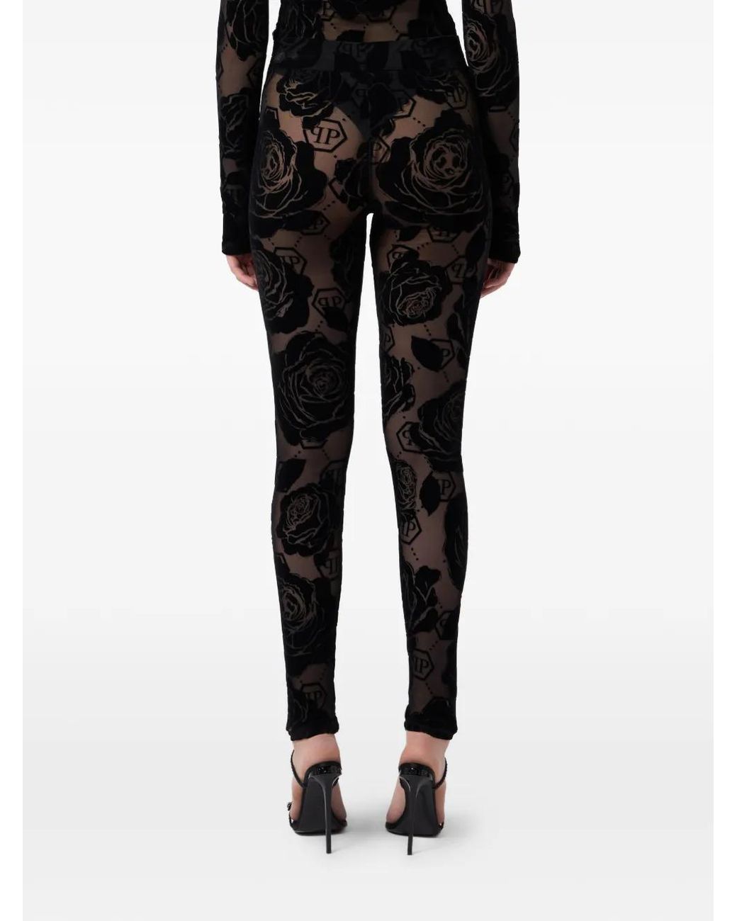 Philipp Plein Black Tulle Leggings Flock Flower Monogram
