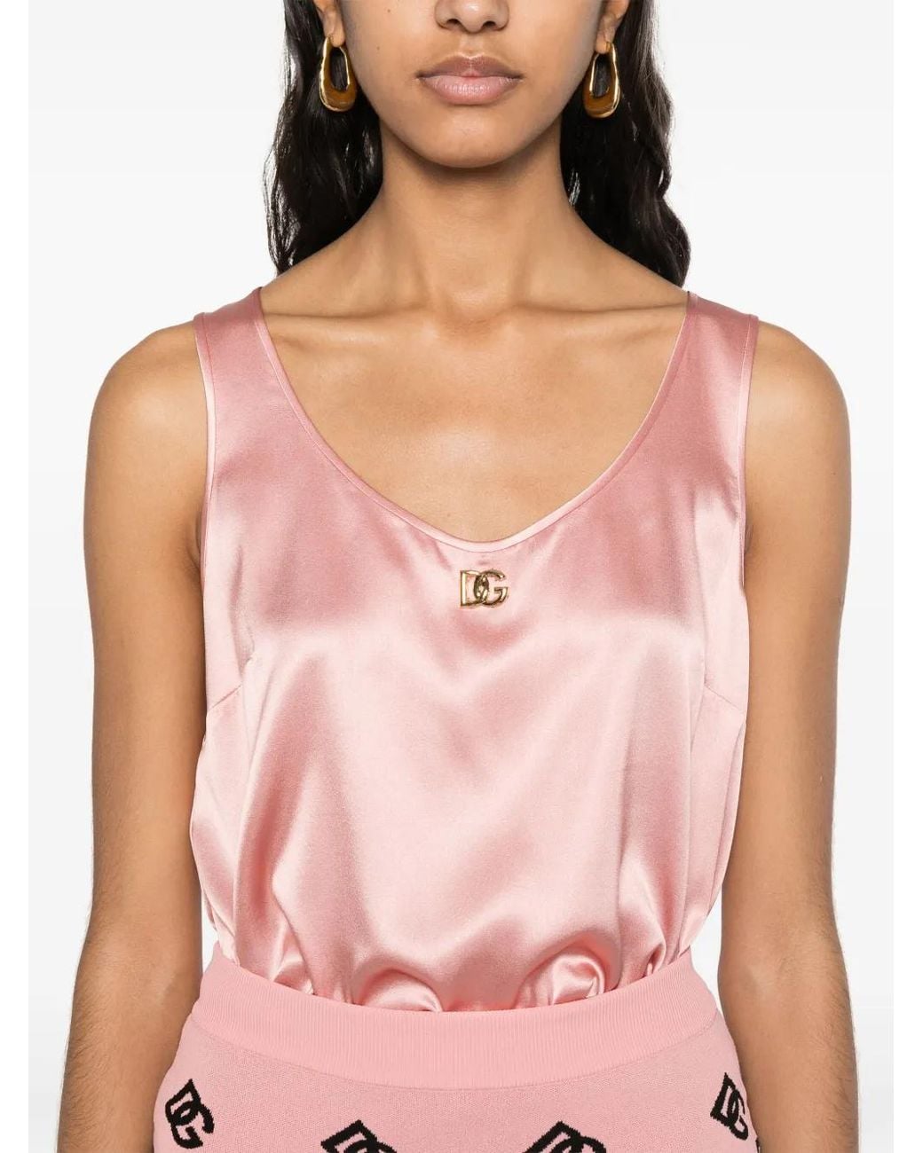Dolce & Gabbana Pink Dna Logo-Plaque Satin Top