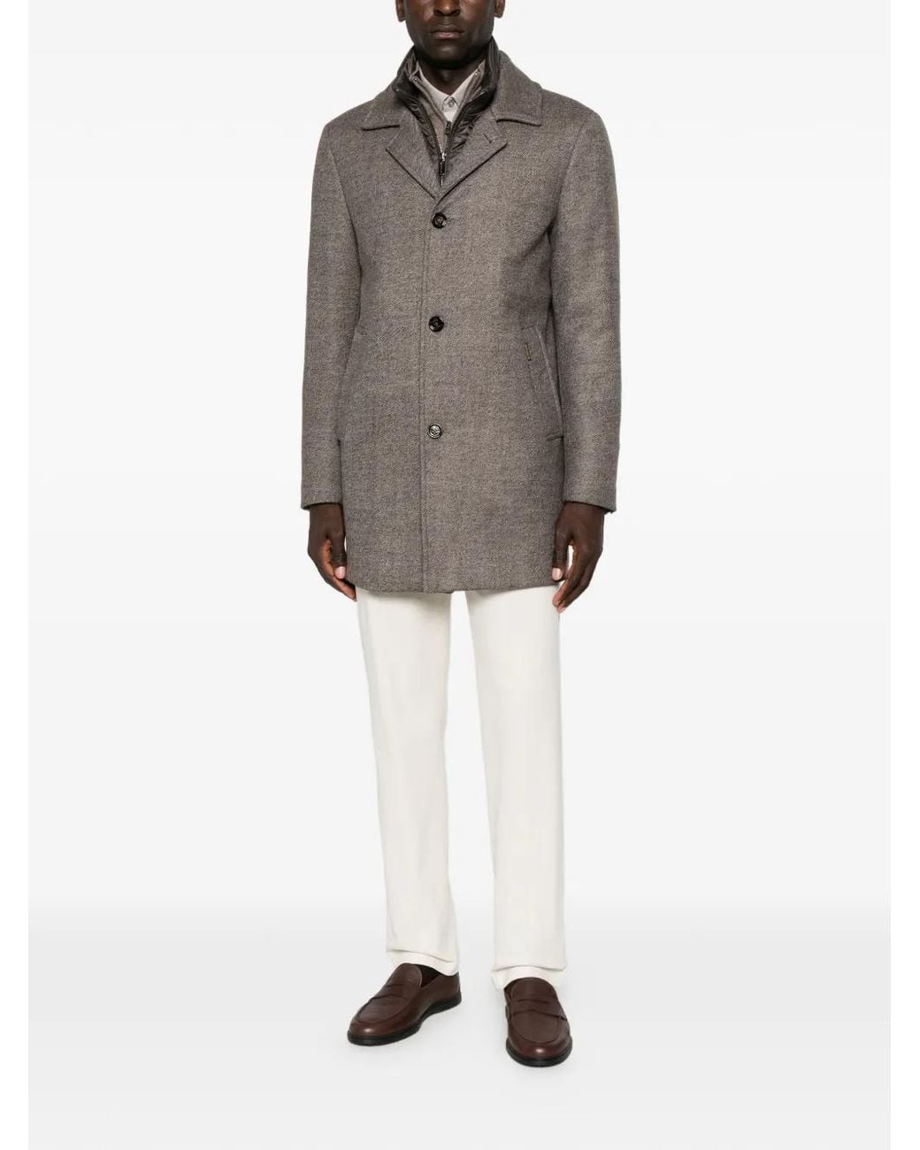 Moorer Gray Button-Up Layered-Neck Coat for men