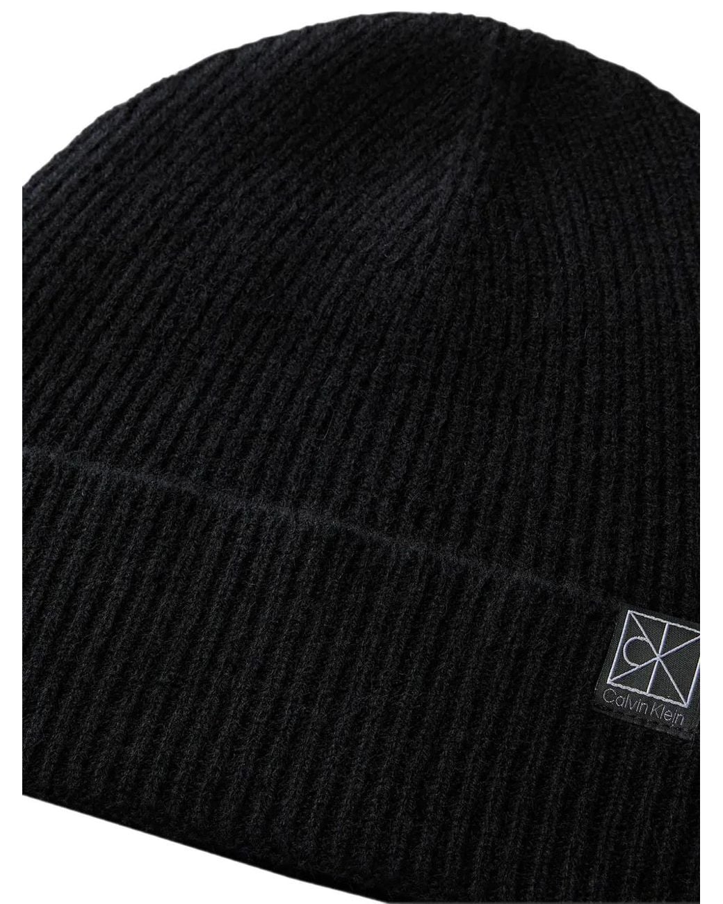 Calvin Klein Black Ribbed-Knit Logo-Patch Beanie Hat
