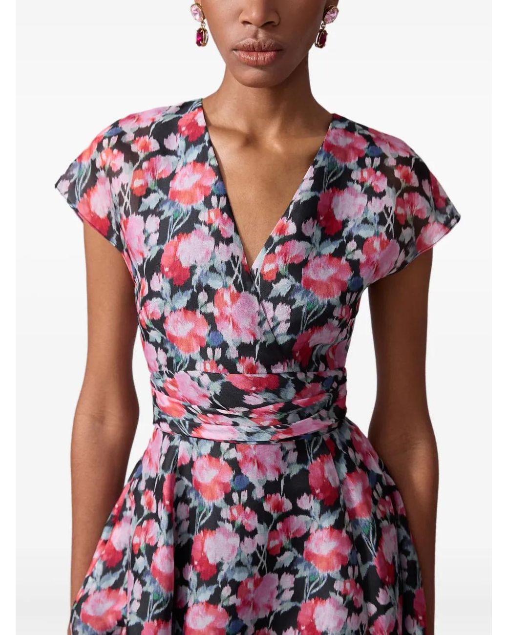 Carolina Herrera Purple V-Neck Floral Silk Cap-Sleeve Midi Dress