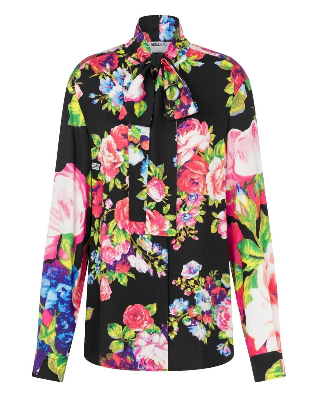 Moschino White Floral-Pattern Tie-Neck Blouse