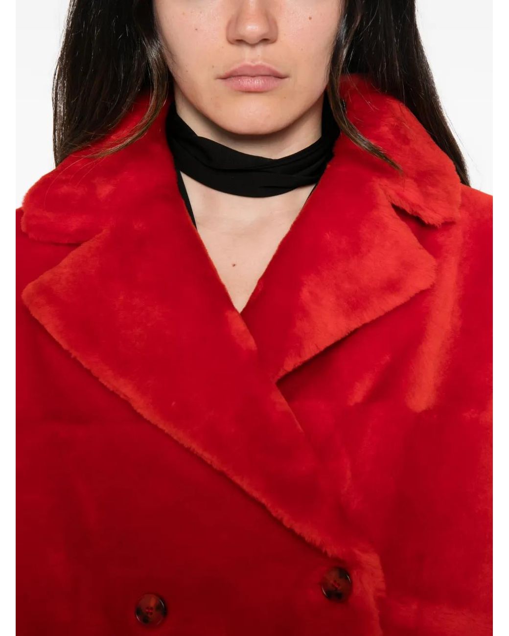 Yves Salomon Red Double-Breasted Shearling Jacket