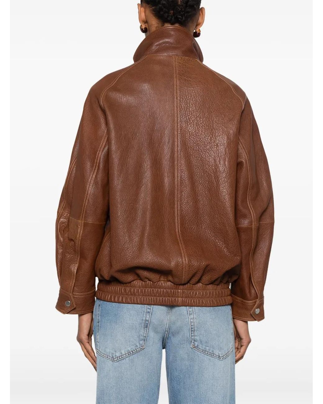 Nour Hammour Brown Ariste Funnel-Neck Leather Jacket