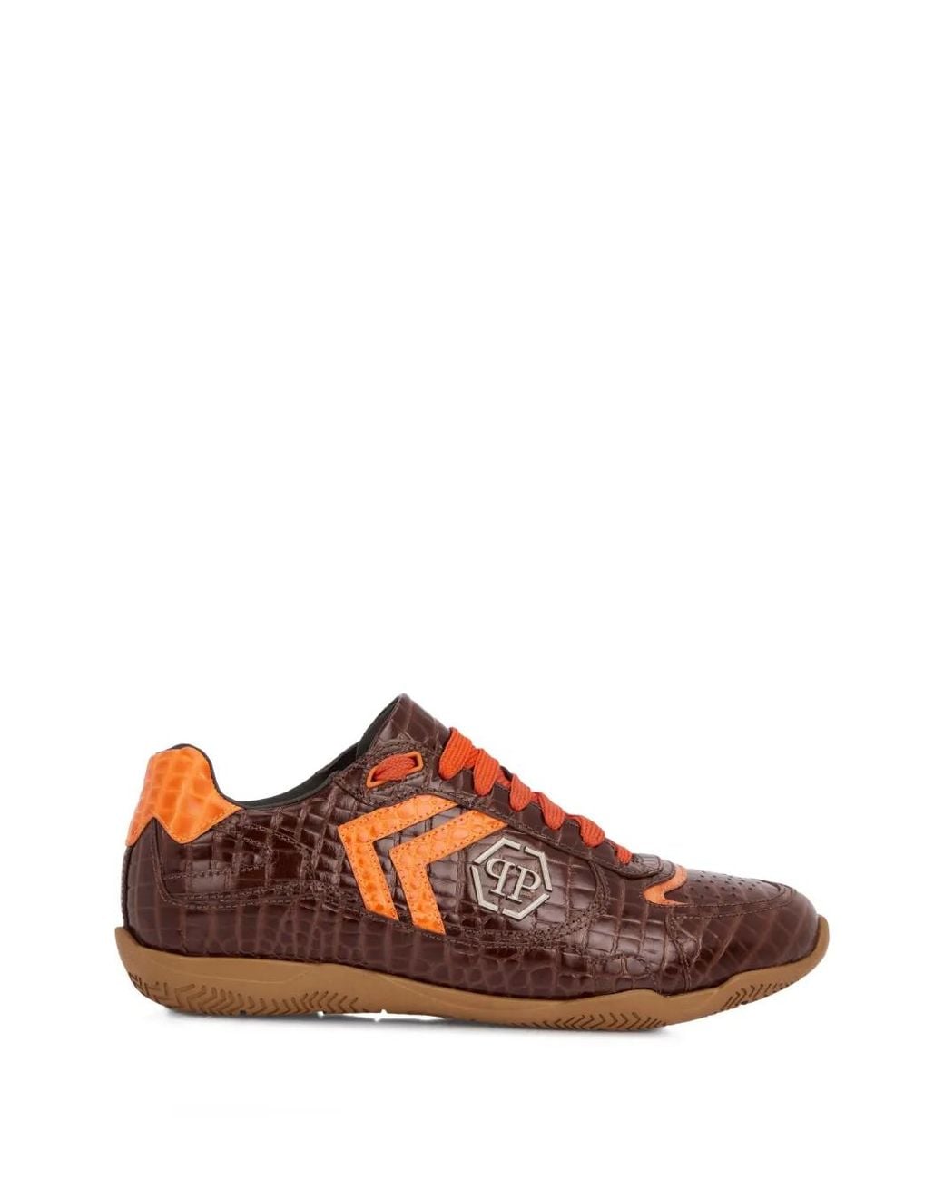 Philipp Plein Brown Pit-$Top Croc-Print Logo Low-Top Sneakers