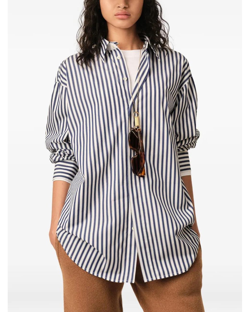 AMI White Large Striped Cotton Shirt With Removable Collar