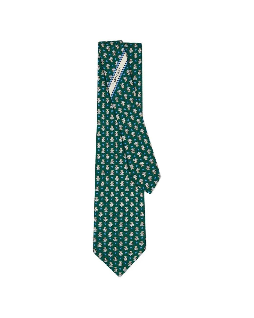 Ferragamo Green Teddy Print Silk Tie for men