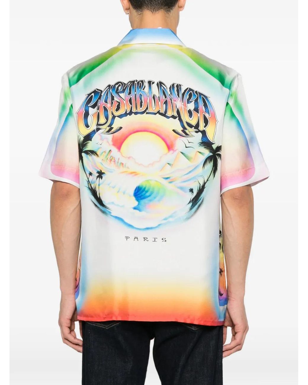 Casablanca Blue Multicolour Airspray Short Sleeve Silk Shirt for men