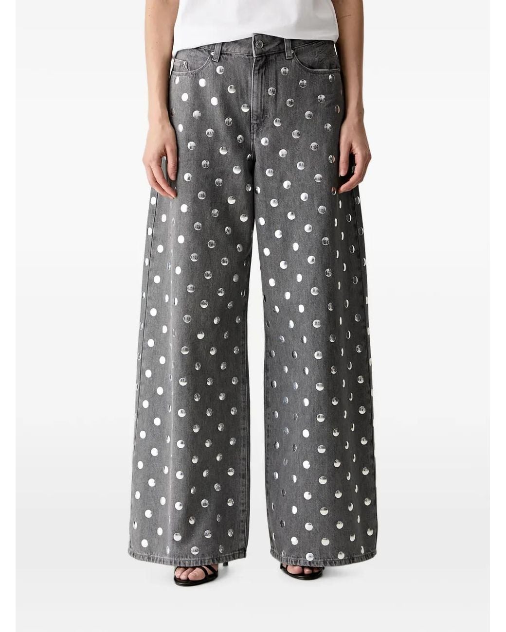 Karl Lagerfeld Gray Stud-Embellished Wide-Leg Jeans