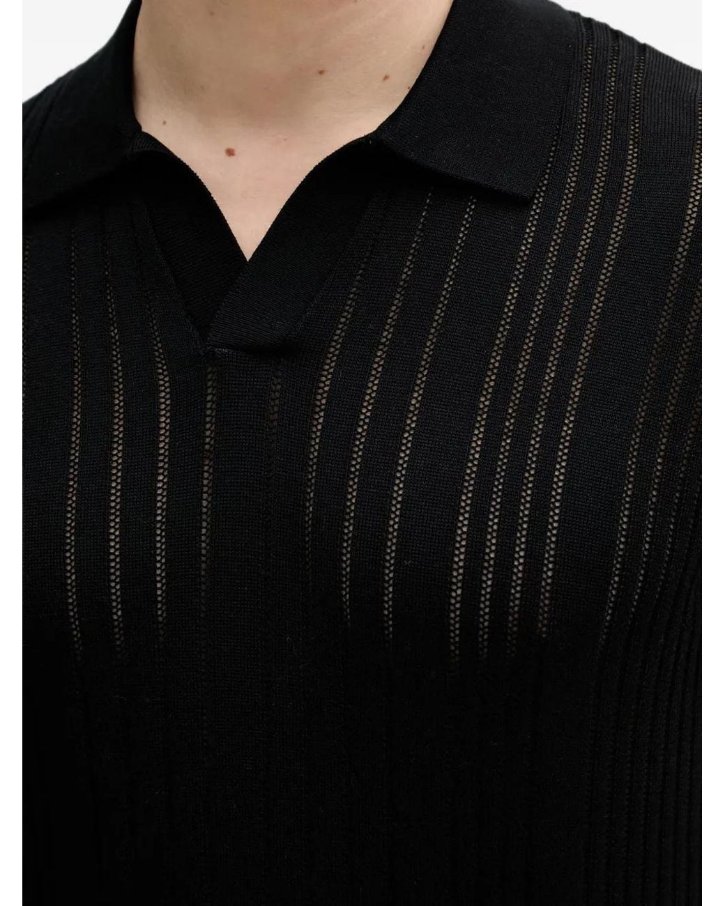 Karl Lagerfeld Black Pointelle-Knit Ribbed Polo Shirt for men