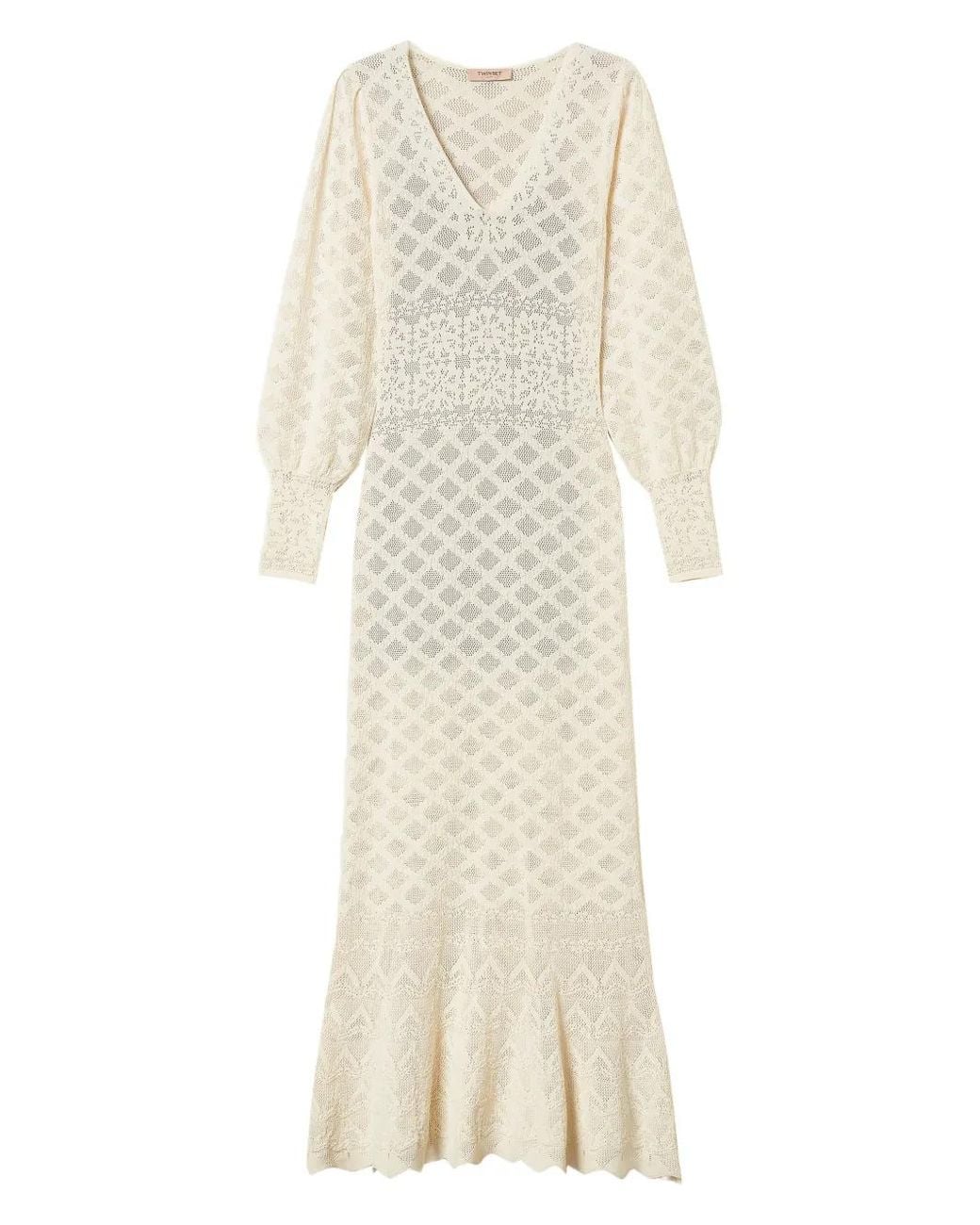 Twinset White Long Knit Dress With Floral Pattern