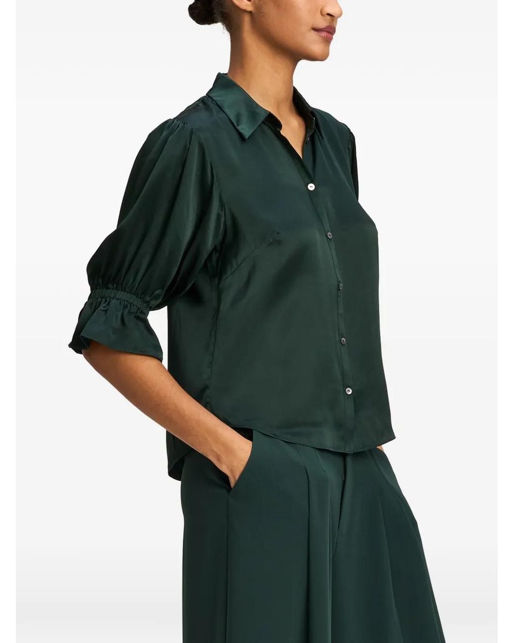 Cinq À Sept Green Fiona Ruffled-Sleeve Silk Shirt