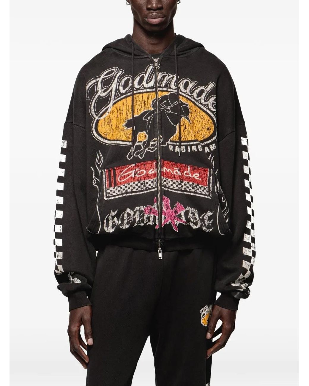GODMADE Black Graphic-Print Zip-Up Hoodie for men
