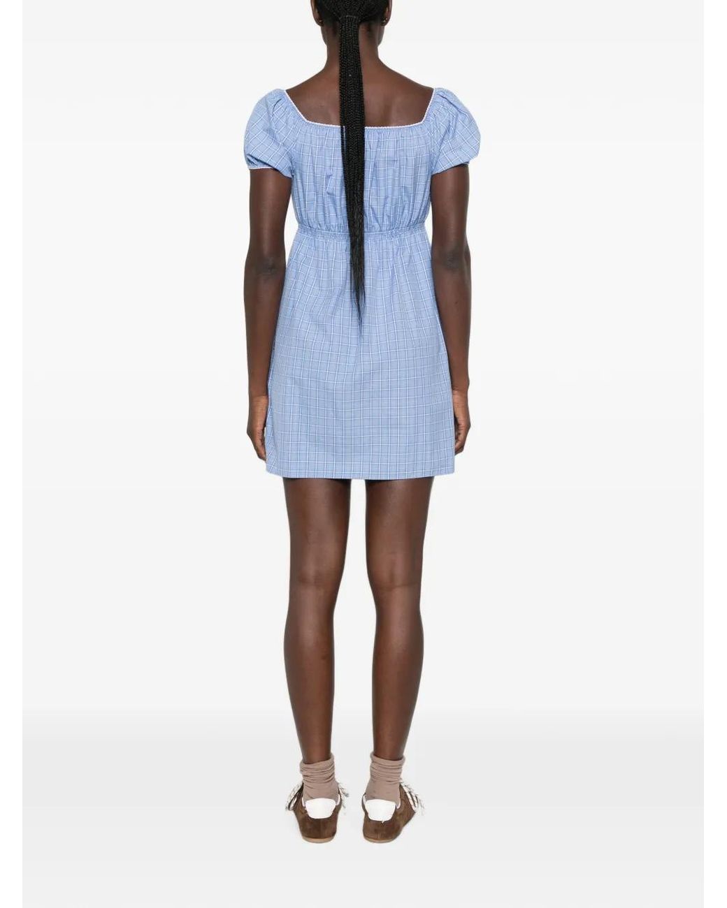 Miu Miu Blue Plaid-Pattern Popeline Mini Dress