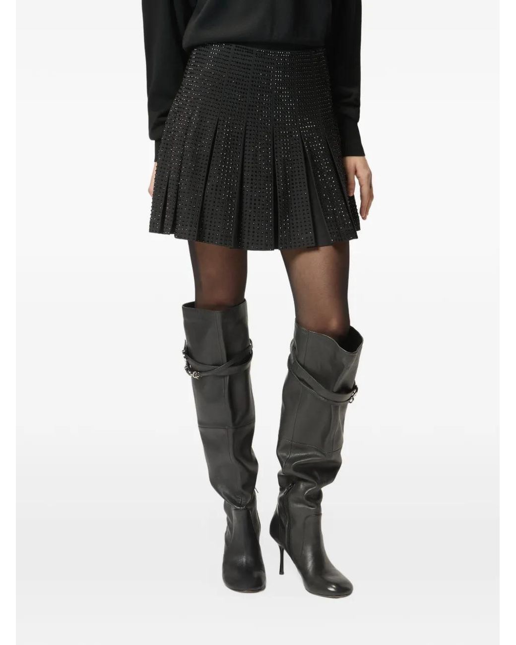 Pinko Black Flared Pleated Mini Skirt With Perforated Texture