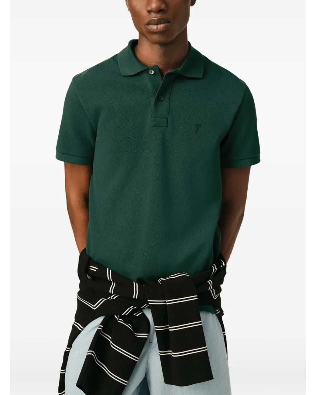 AMI Green Minimalist Polo Shirt With Classic Collar for men