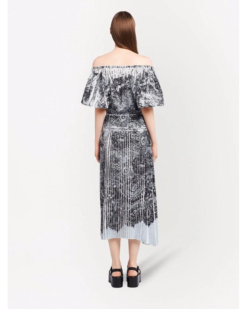 Prada Gray Coral-Print Silk Midi Dress