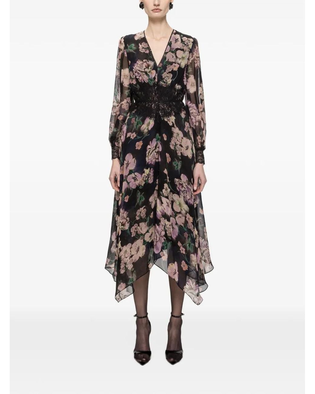 Nissa White Lace Insert Chiffon Midi Dress