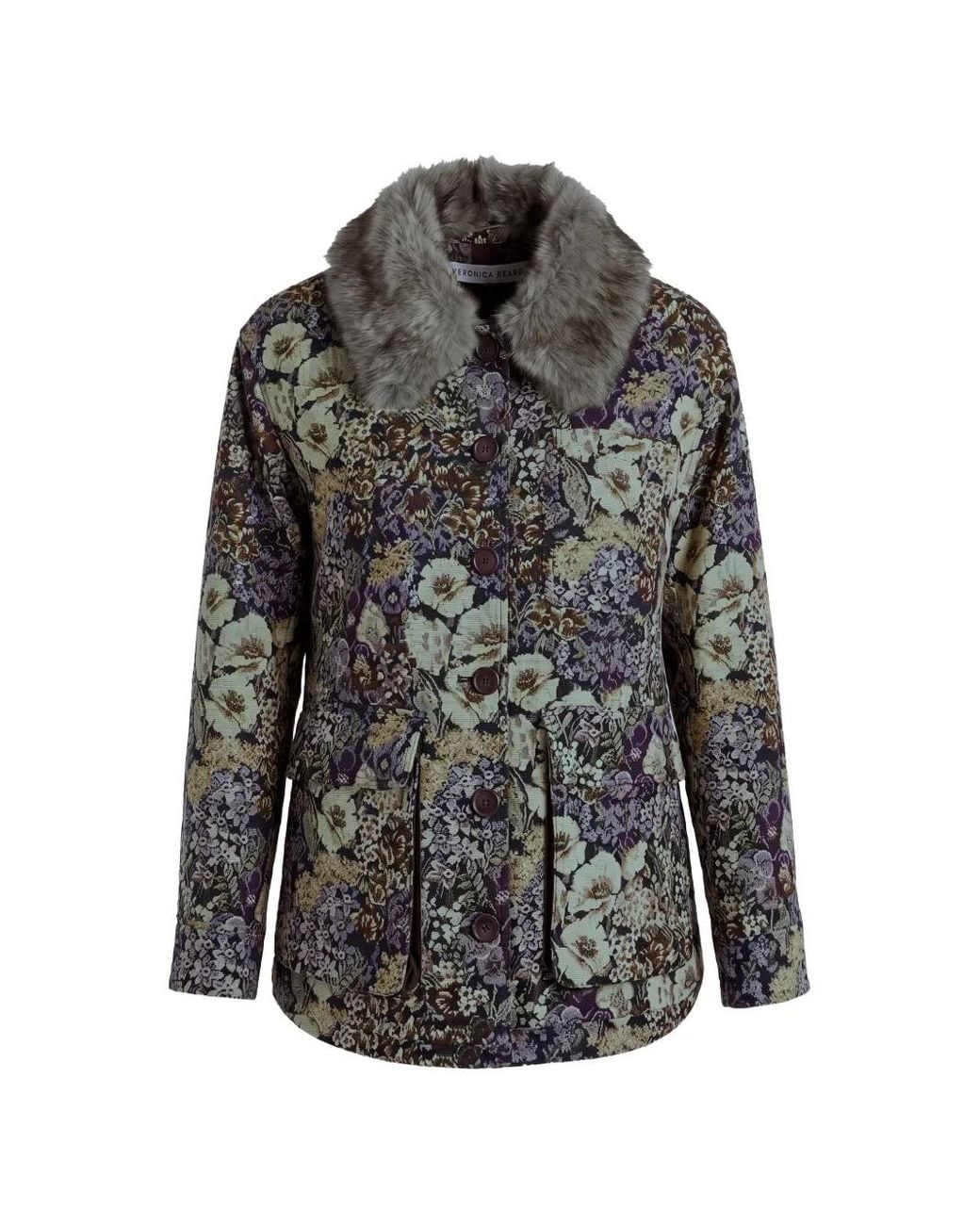 Veronica Beard Gray Blake Floral-Jacquard Faux-Fur-Collar Jacket