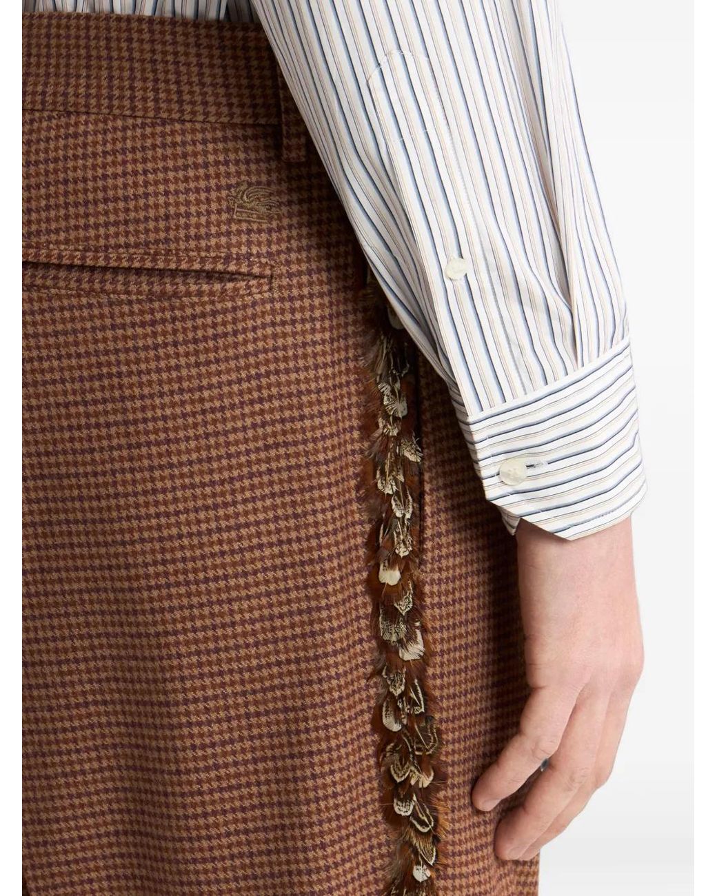 Etro Brown Straight-Leg Wool-And-Cashmere Trousers With Feathers And Micro Houndstooth Patterns for men