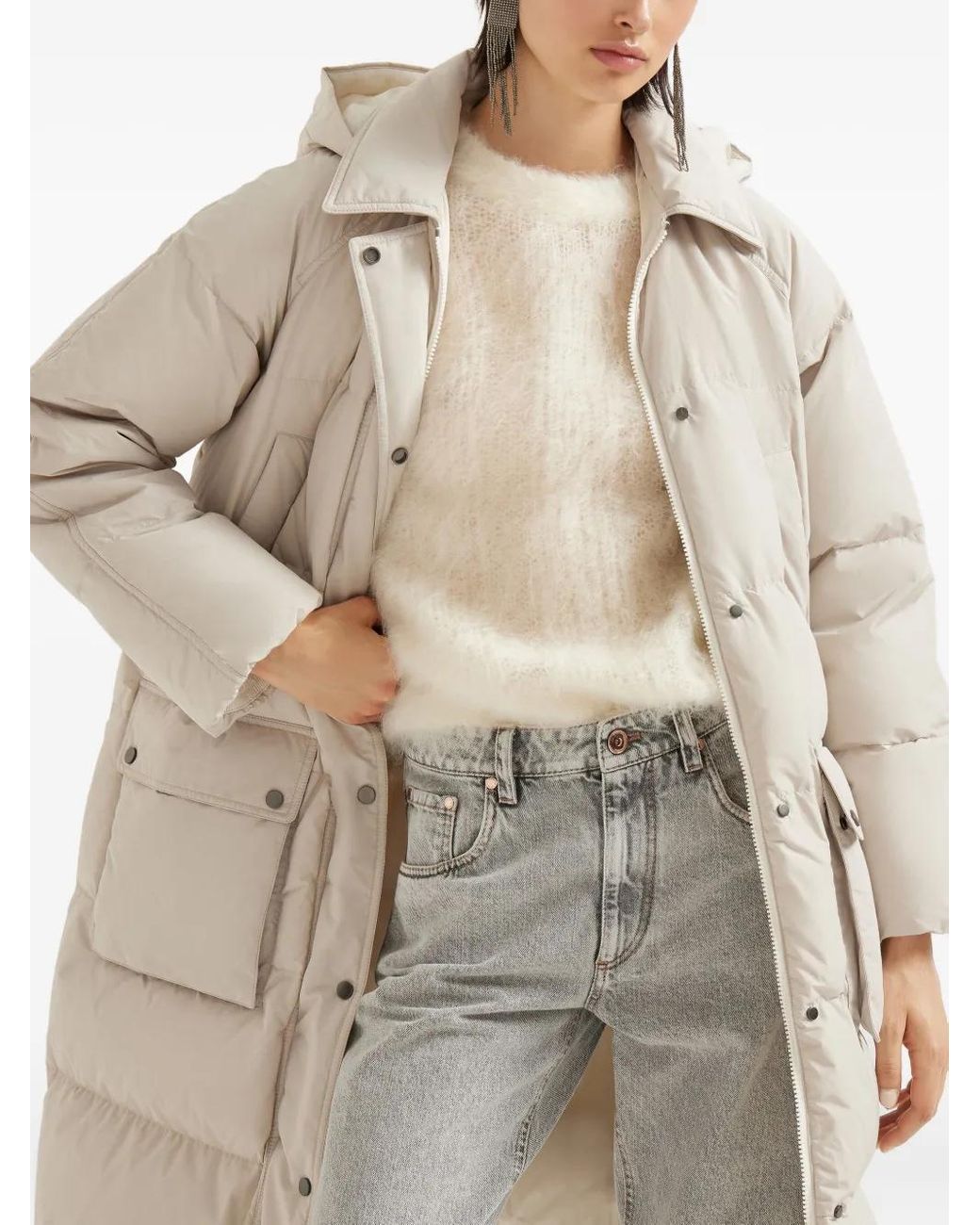 Brunello Cucinelli Natural Hooded Quilted Coat