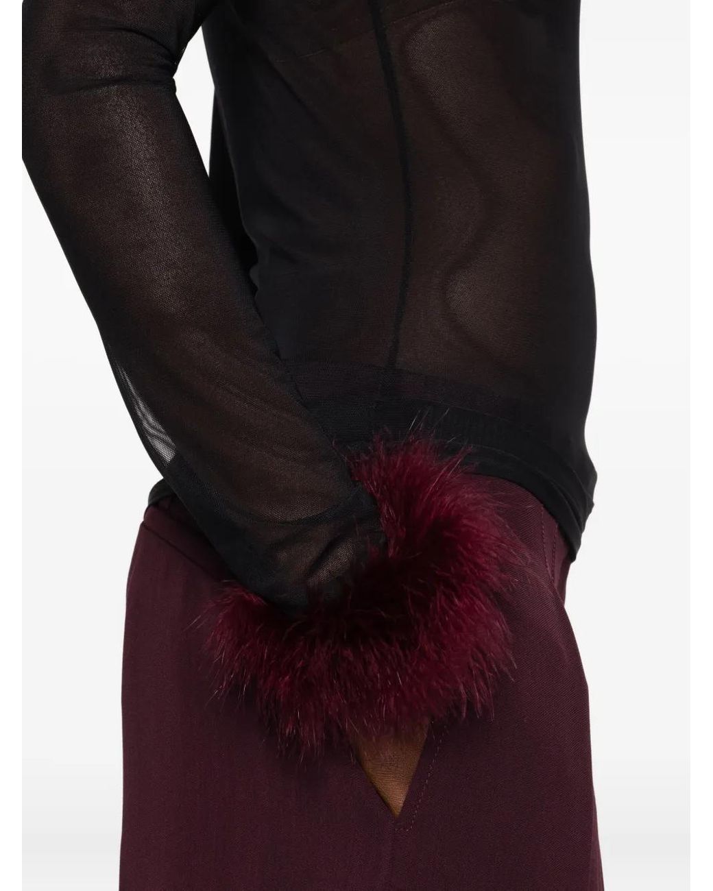 Mugler Black Mesh-Panel Feather-Cuff Top