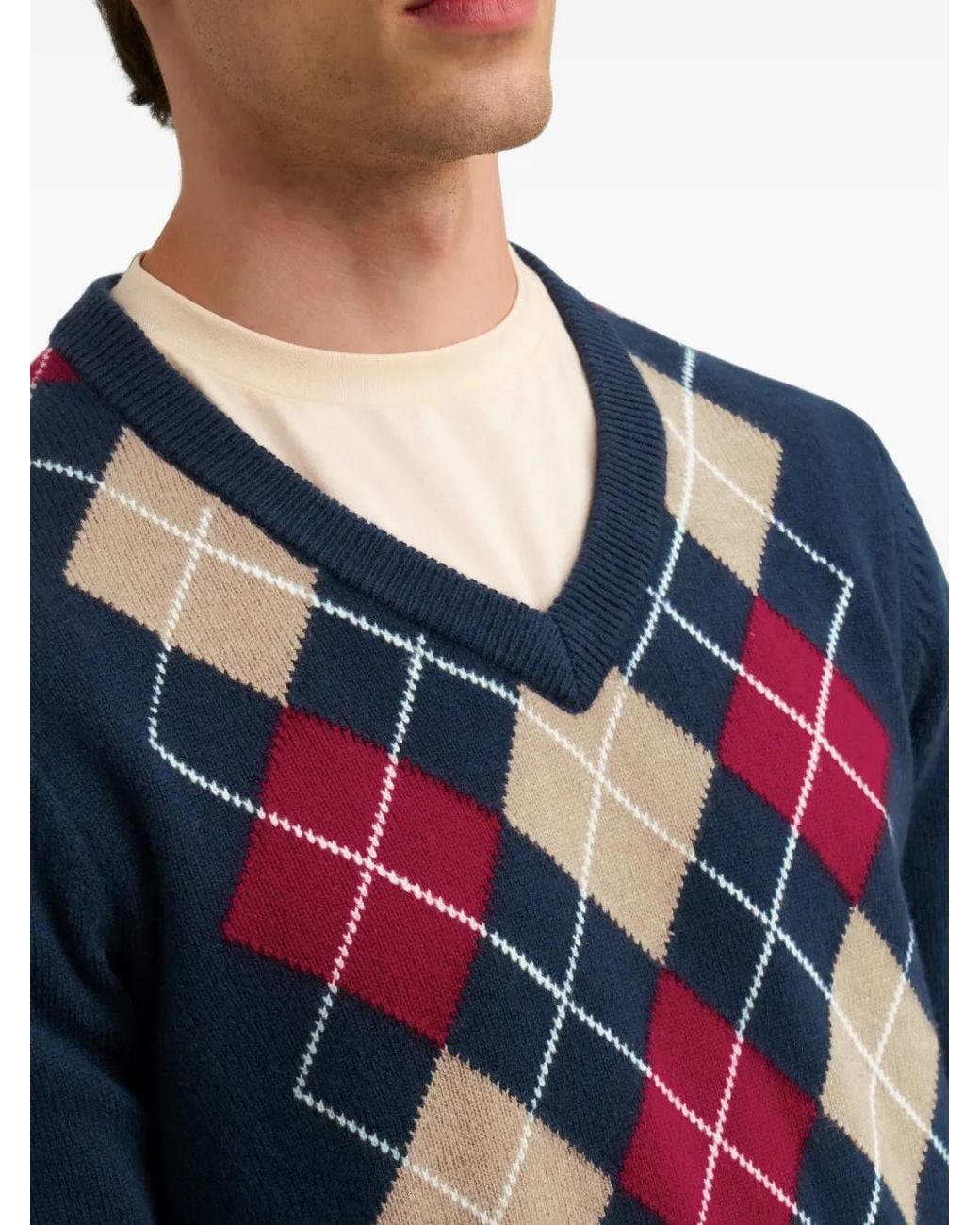 Pringle of Scotland Blue Diamond-Pattern V-Neck Sweater for men