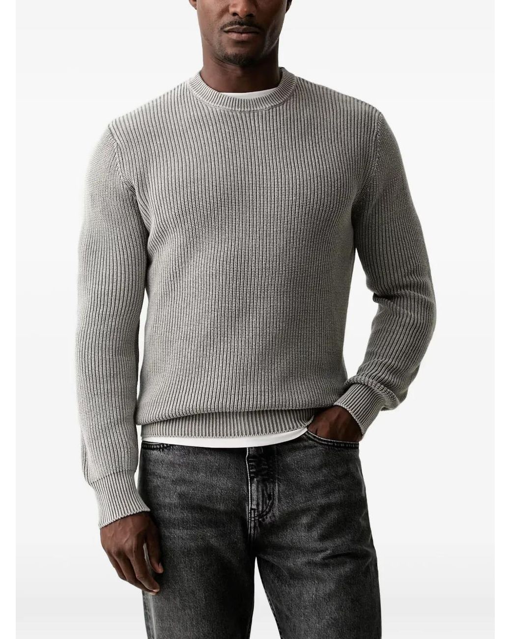 Guess Gray Ribbed-Knit Crew-Neck Sweater for men