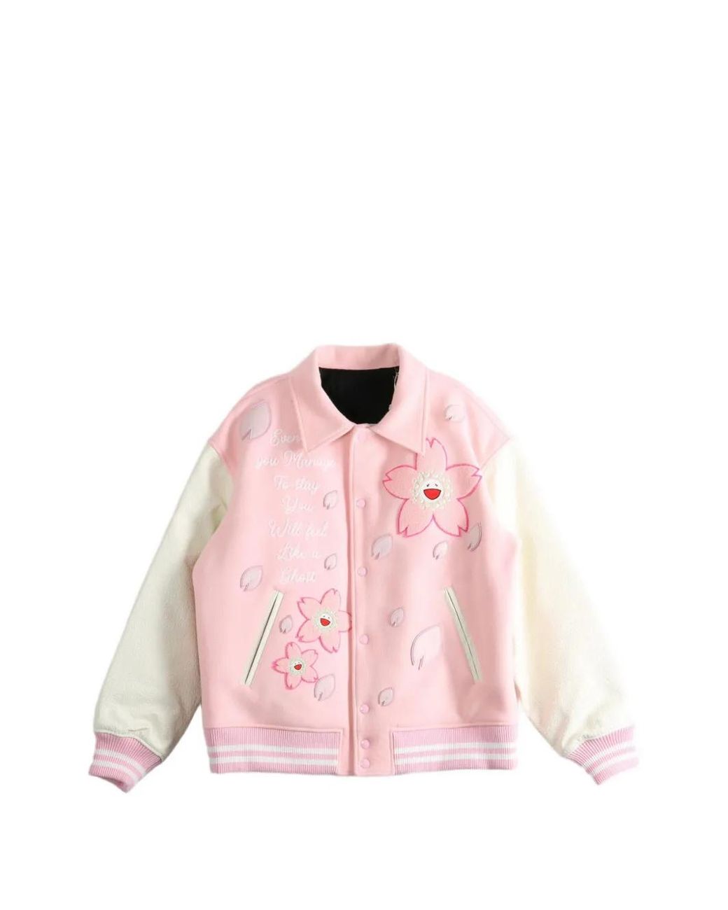Monokemade Pink Sakura-Embroidered Bomber Jacket
