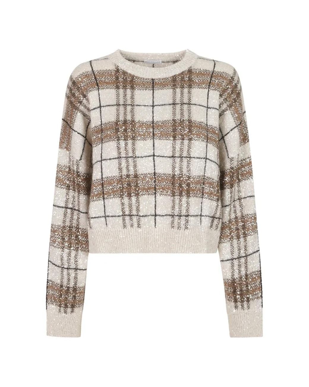Brunello Cucinelli White Sequin-Embellished Checked Sweater