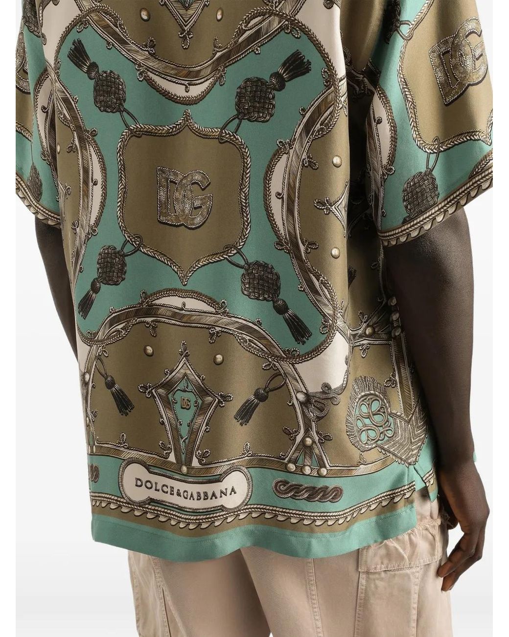Dolce & Gabbana Green Cargo-Print Hawaii Washed Silk Twill Shirt for men