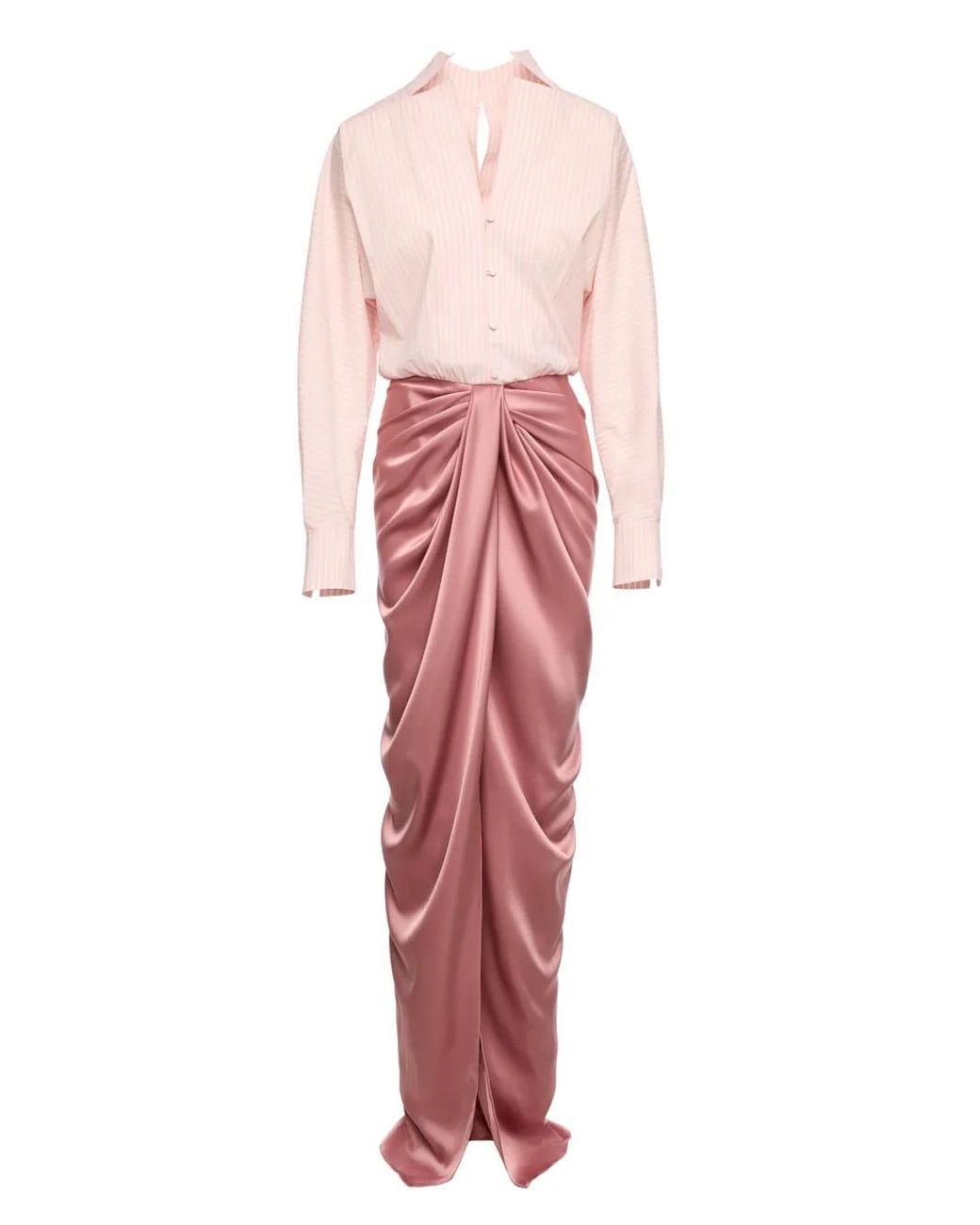 V:PM ATELIER Pink Corynna Draped Satin-Panel Maxi Dress