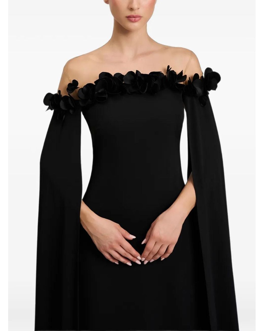 Cristallini Black Floral-Appliqué Cape-Sleeve A-Line Maxi Dress