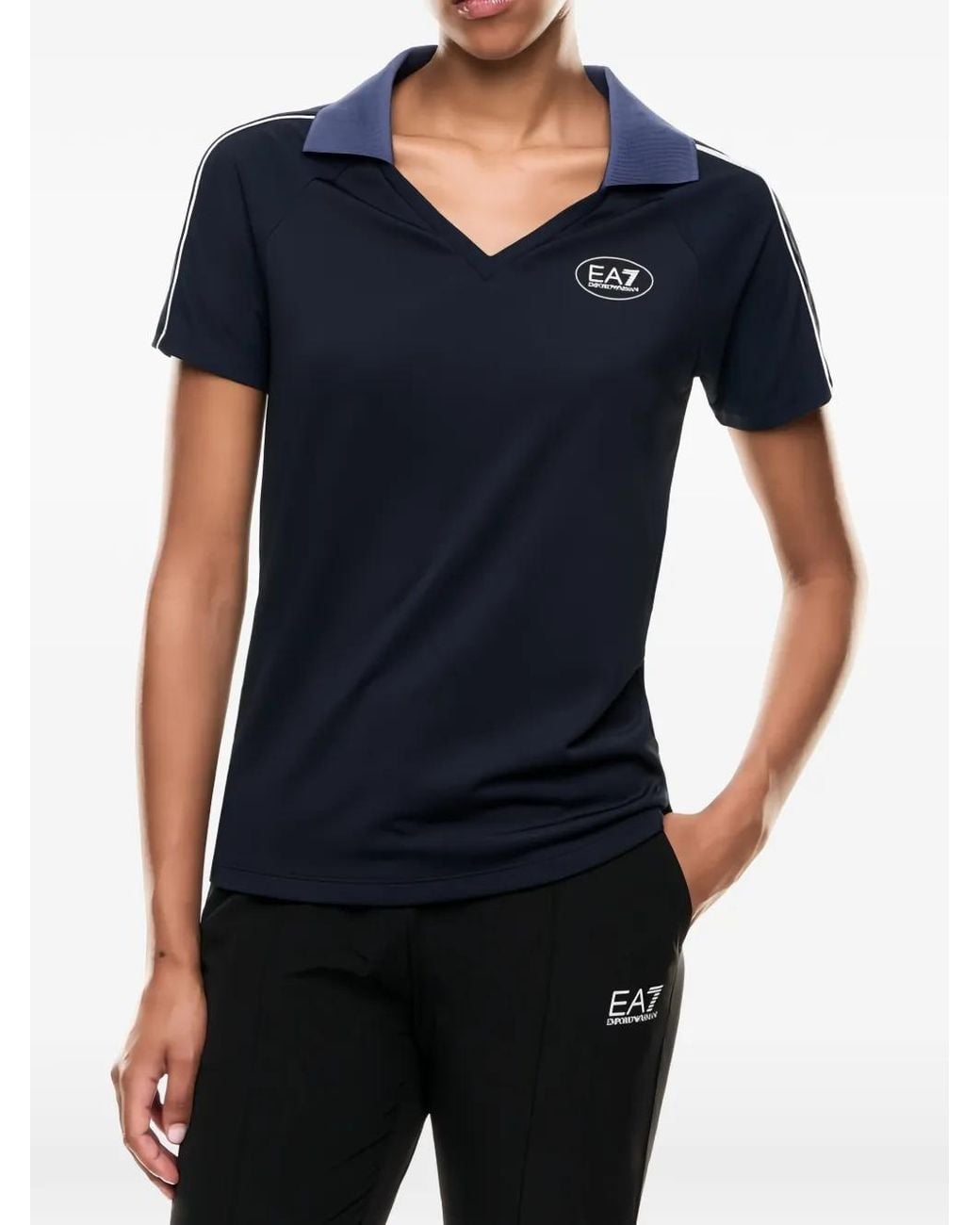 EA7 Blue Logo-Print V-Neck T-Shirt