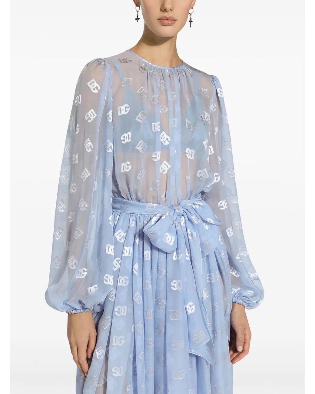 Dolce & Gabbana Blue Dévoré Silk Jacquard Calf-Length Dress With Dg Logo