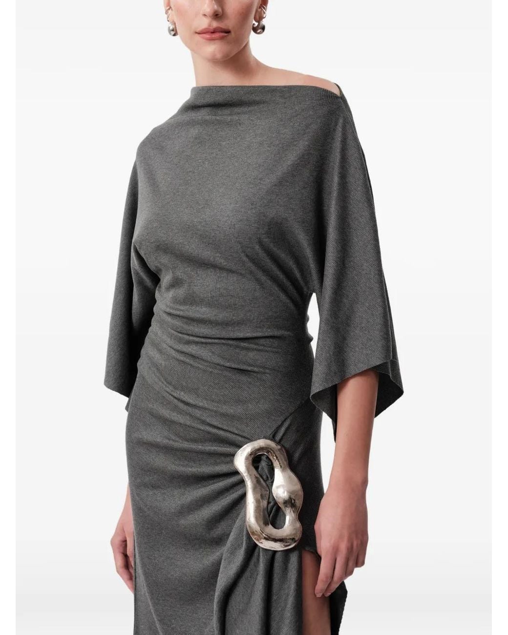 Concepto Gray Ash Draped Buckle-Detail Asymmetric Midi Dress