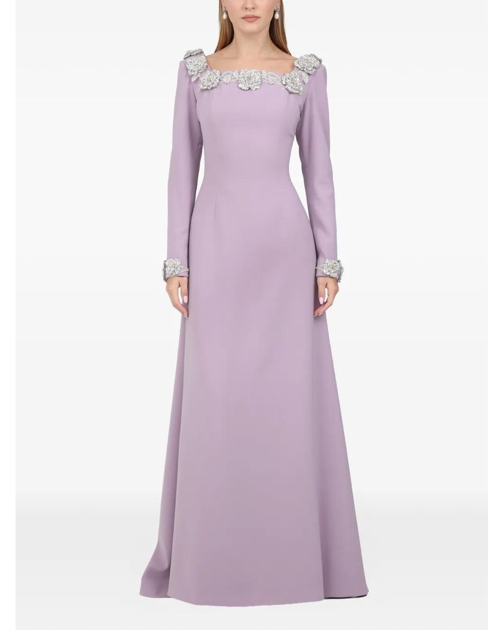 Dina Melwani Purple Floral-Embellished Maxi Dress