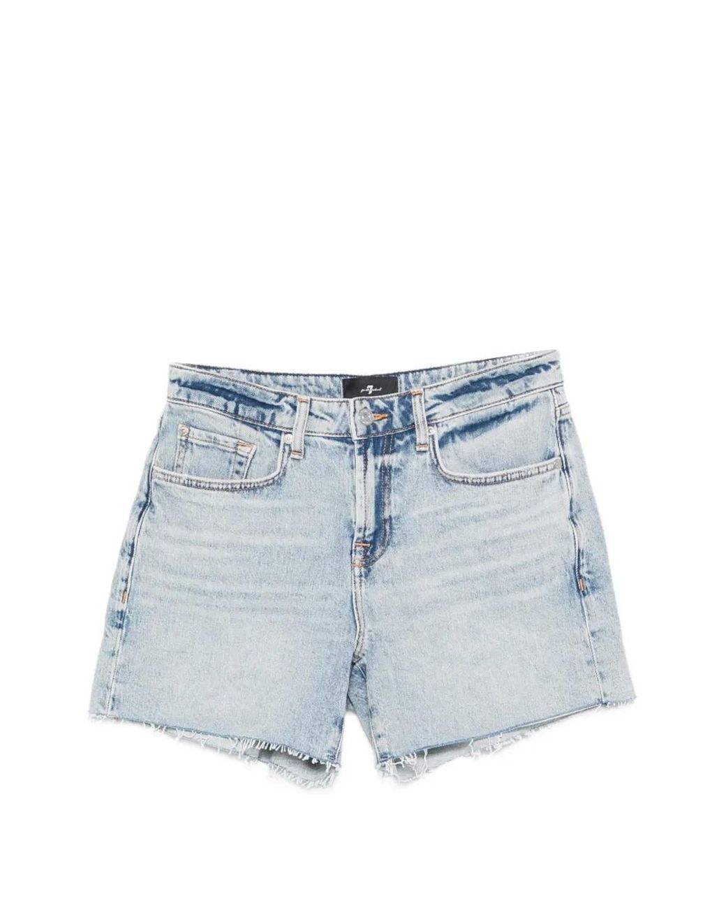 7 For All Mankind Blue Monroe Raw-Cut Denim Shorts