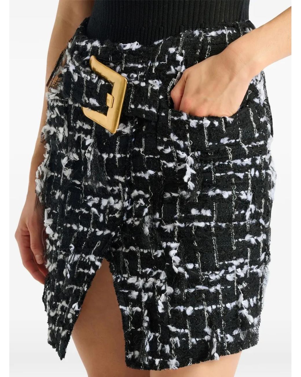 Balmain Gray Belted Fringed Tweed Skirt