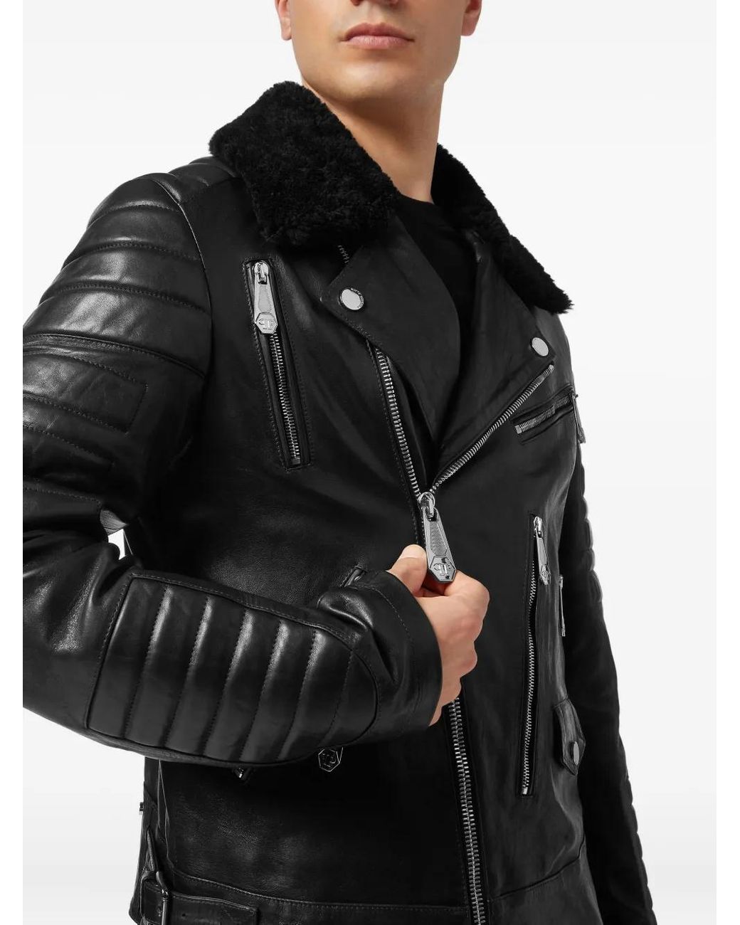 Philipp Plein Black Leather Biker Jacket With Shearling Collar for men