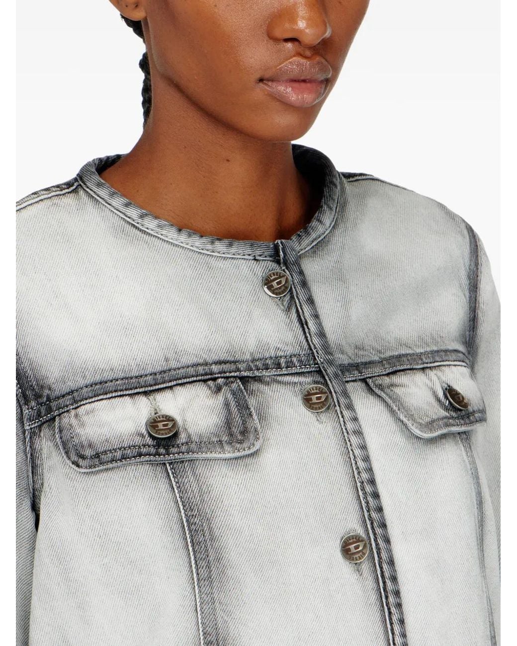 DIESEL Gray Collarless Acid-Wash Denim Jacket