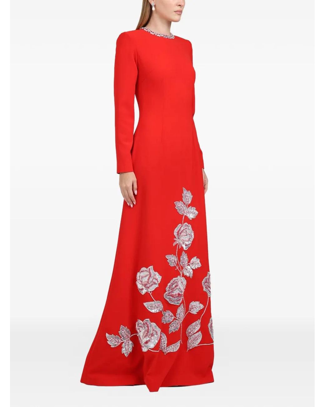 Dina Melwani Floral Embroidered Column Maxi Dress