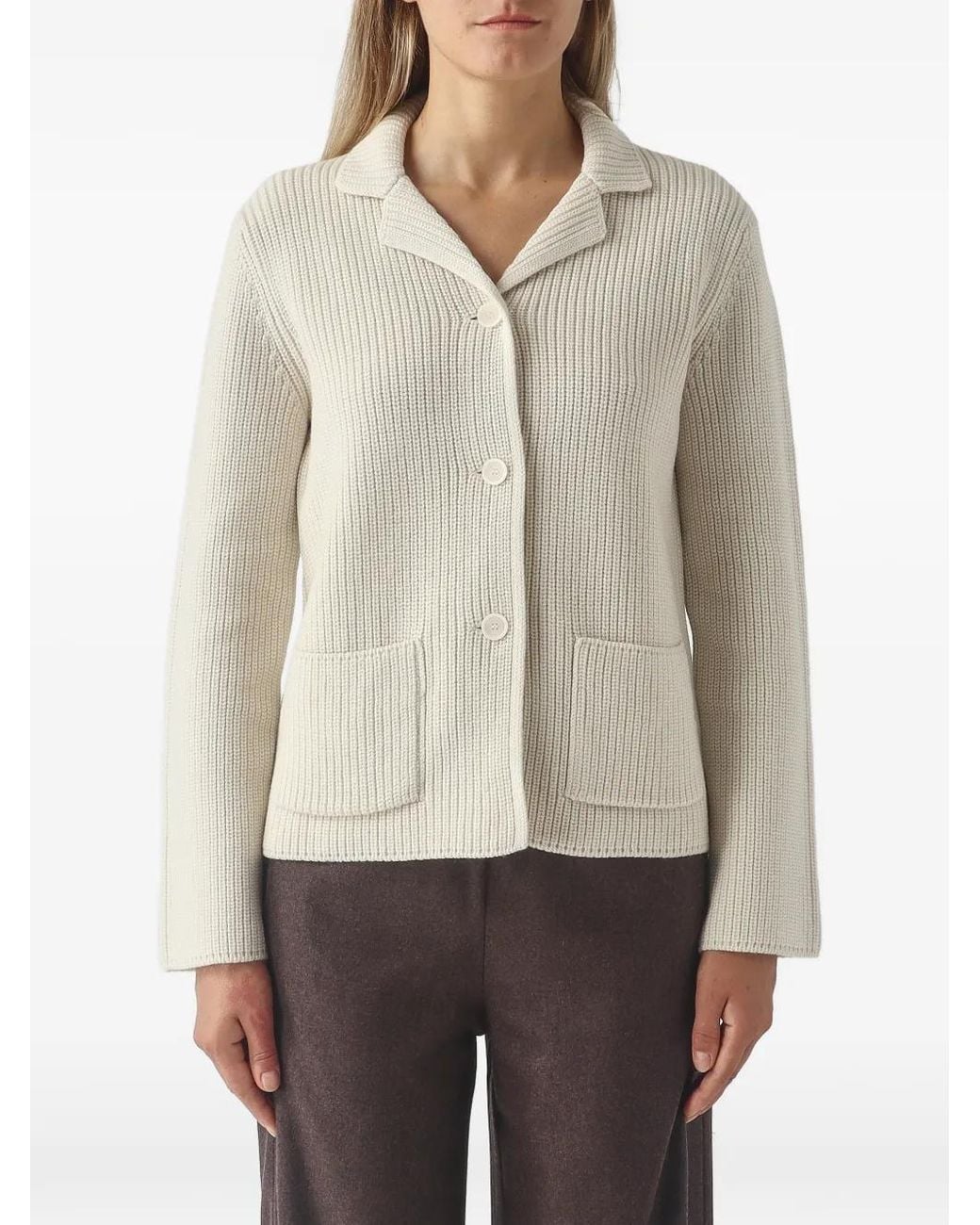Gran Sasso Natural Ribbed-Knit Patch-Pocket Cardigan