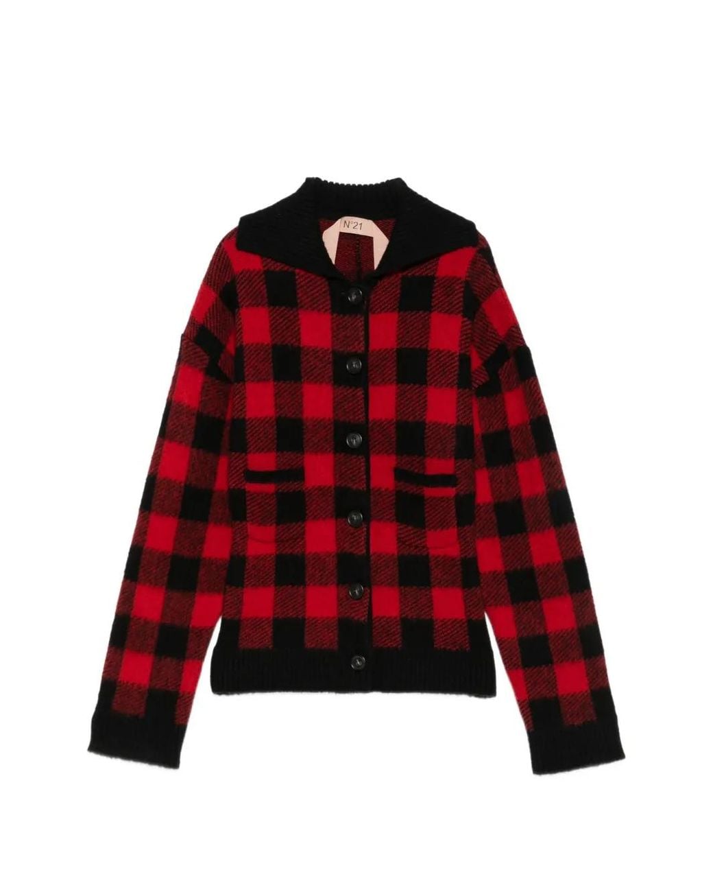 N°21 Red Check-Pattern Virgin-Wool Cardigan